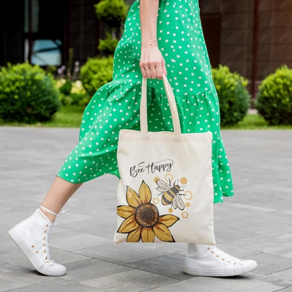 Canvas Tote Bag for Women Cute sunflower bee Aesthetic cotton bag - Picture 5 of 5